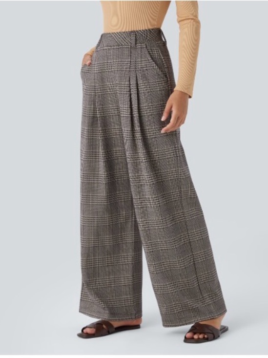 HALARA Pants - HALARA Gray Plaid Wide Leg Trousers
